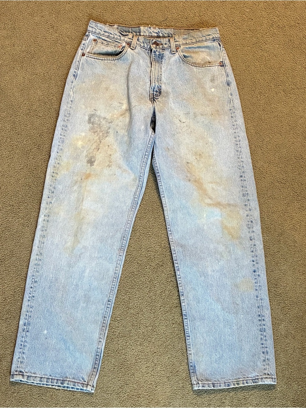 Vintage 90s Levi's 565 Pants Light Blue Denim Relaxed Fit Stained Work Jeans 32